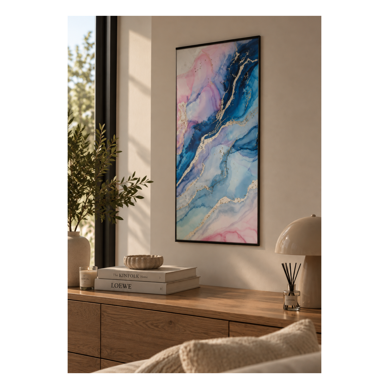 Toile cadre acrylique marbre bleu et doré 62x92cm