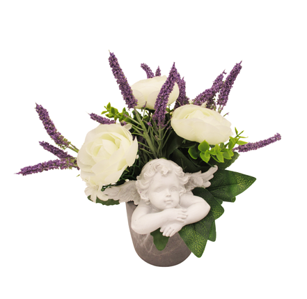 Composition florale avec ange en ciment